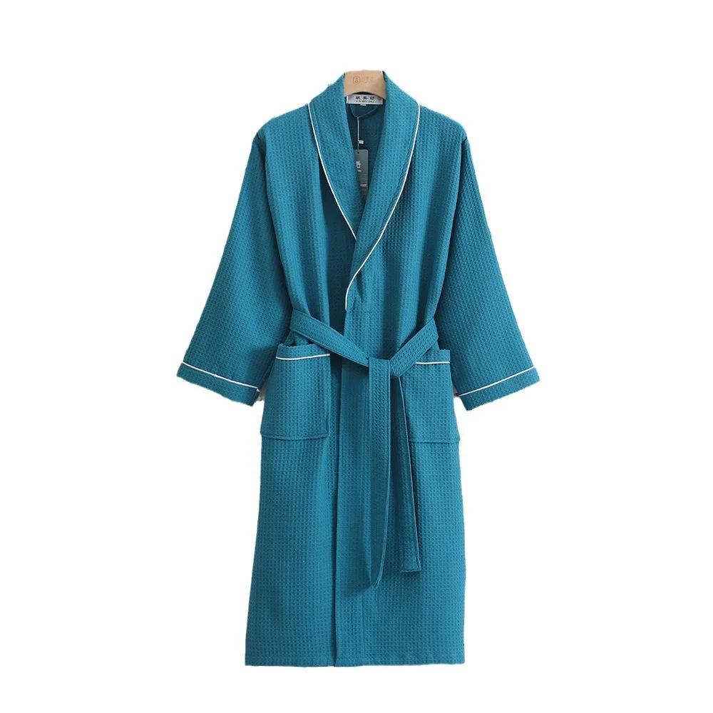 Purecotton Waffle Kimono Robes Couples 2024 New Women And Men Lapel Solid Bathrobe Nightgown Female Water Uptake Home Clothes