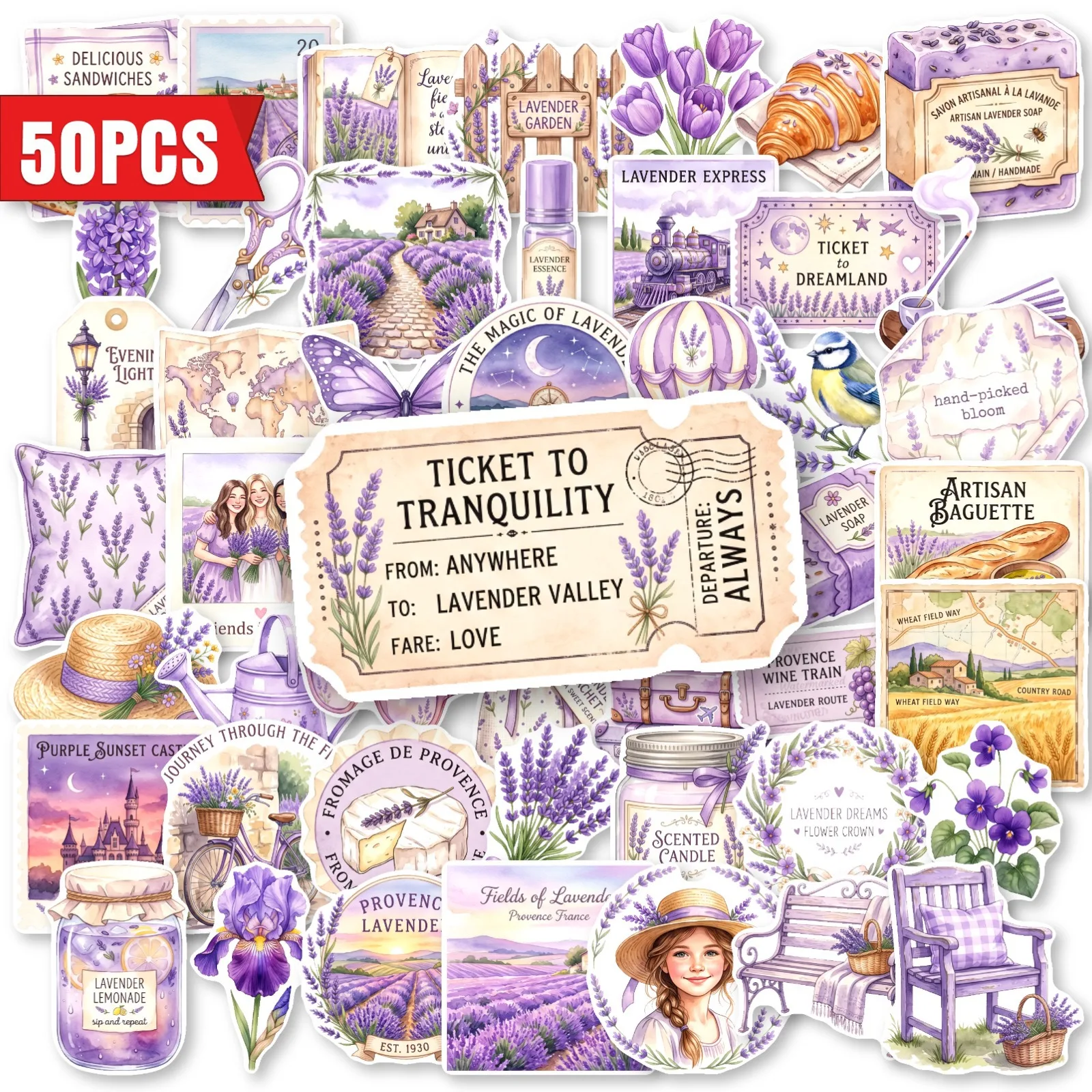 50 PCS Lavender Light Purple Watercolor Pastoral Retro Flower Field Stickers Vase Window Diary Guitar Waterproof Decorate Decals