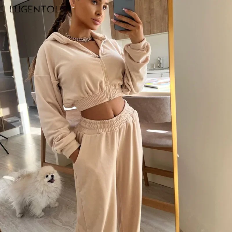 Women Hoodie Two-piece Set Velvet Long Sleeve Cardigan Zip Crop Tops Casual High Waist Straight-leg Pants Fashion Street Wear