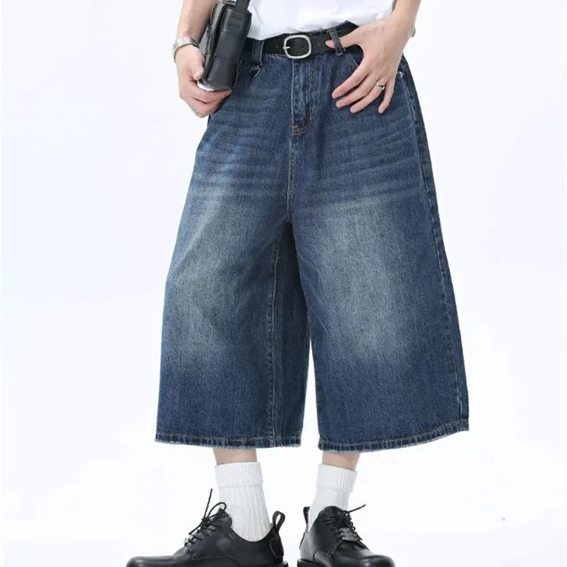 Retro Plus Size Denim Shorts Loose Jeans Y2k Streetwear Oversize Shorts Denim Pants Korean Unisex Style Baggy Wide Leg Capris