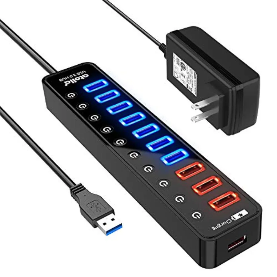 

USB-хаб с питанием, 11 портов, 7 портов USB 3.0 для передачи данных и 4 порта для интеллектуальной зарядки, индивидуальные переключатели включения/выключения, адаптер питания 12В 4А
