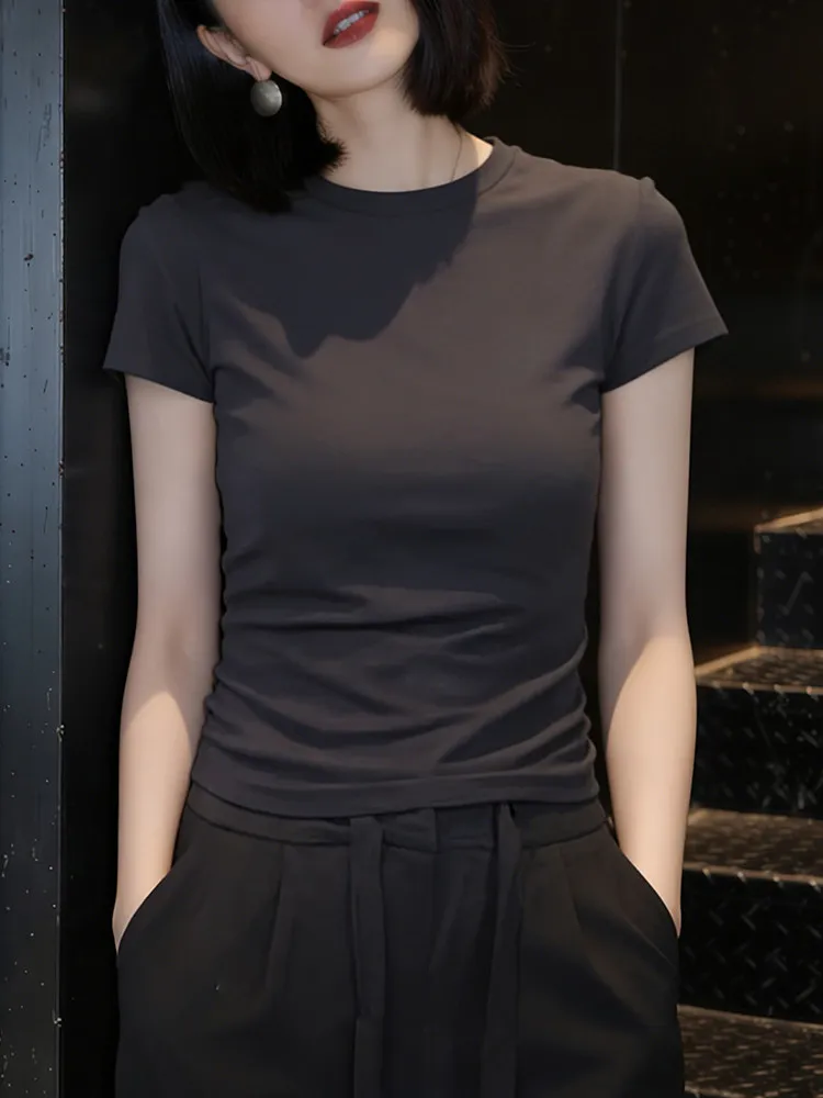 Gray Slim Fit Short Sleeve T-Shirt Women's 2026 New Spring Summer Fashion High-End Feelings Shoulder Level Top Korean Style C...