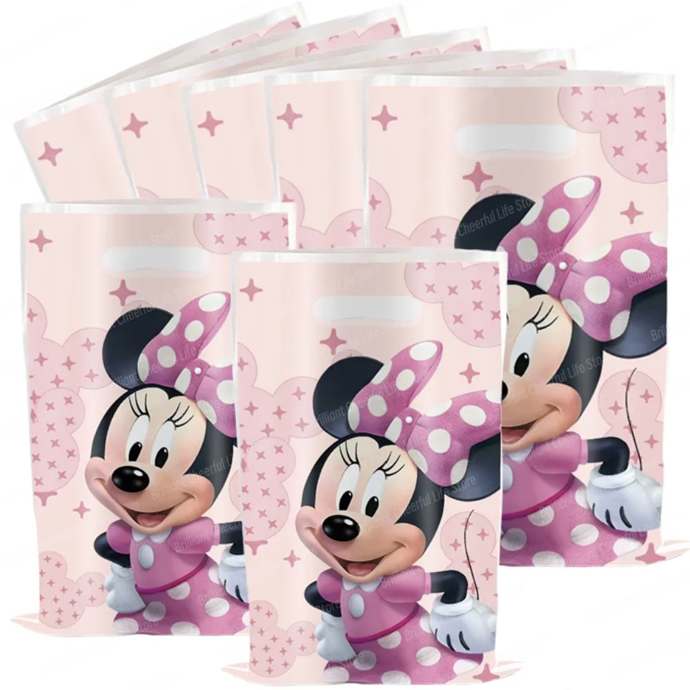 Minnie Mouse Party Favor Gift Bags Pink Minnie Plastics Candy Bag Girl Loot Bag for Kid Birthday Baby Shower Supplies Decoration