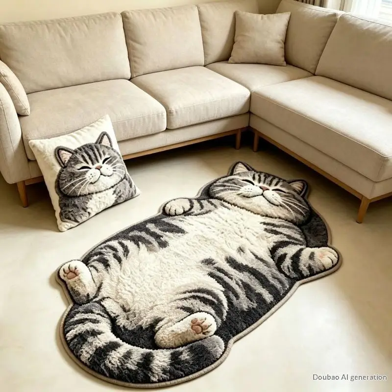2D Cute Cat Shaped Floor Rug, Soft Cozy Cartoon Design, Unique Home Decoration Mat for Bedroom, Living Room and Bedside