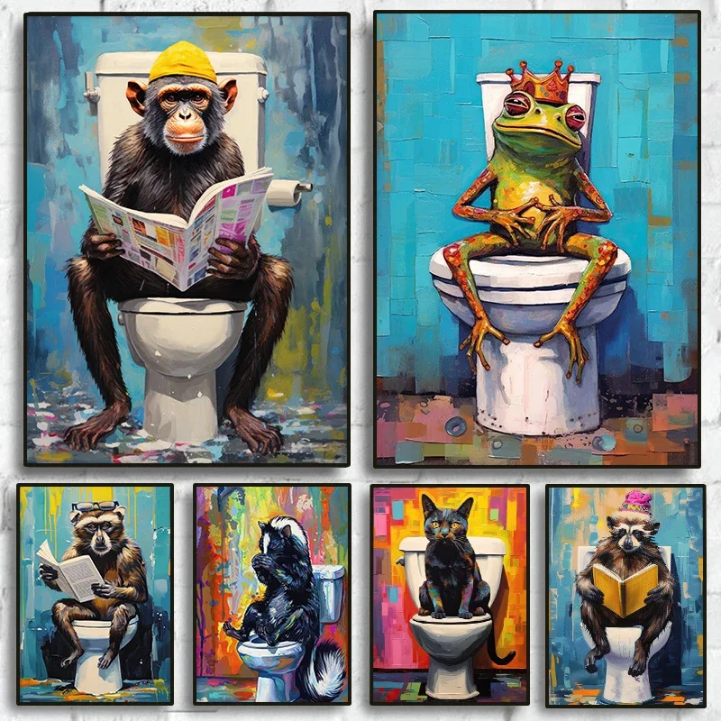 (2D Canvas painting) Colourful Funny Animals Reading Book Sitting on The Toilet Poster Frog Monkey Cat Canvas Painting Wall A