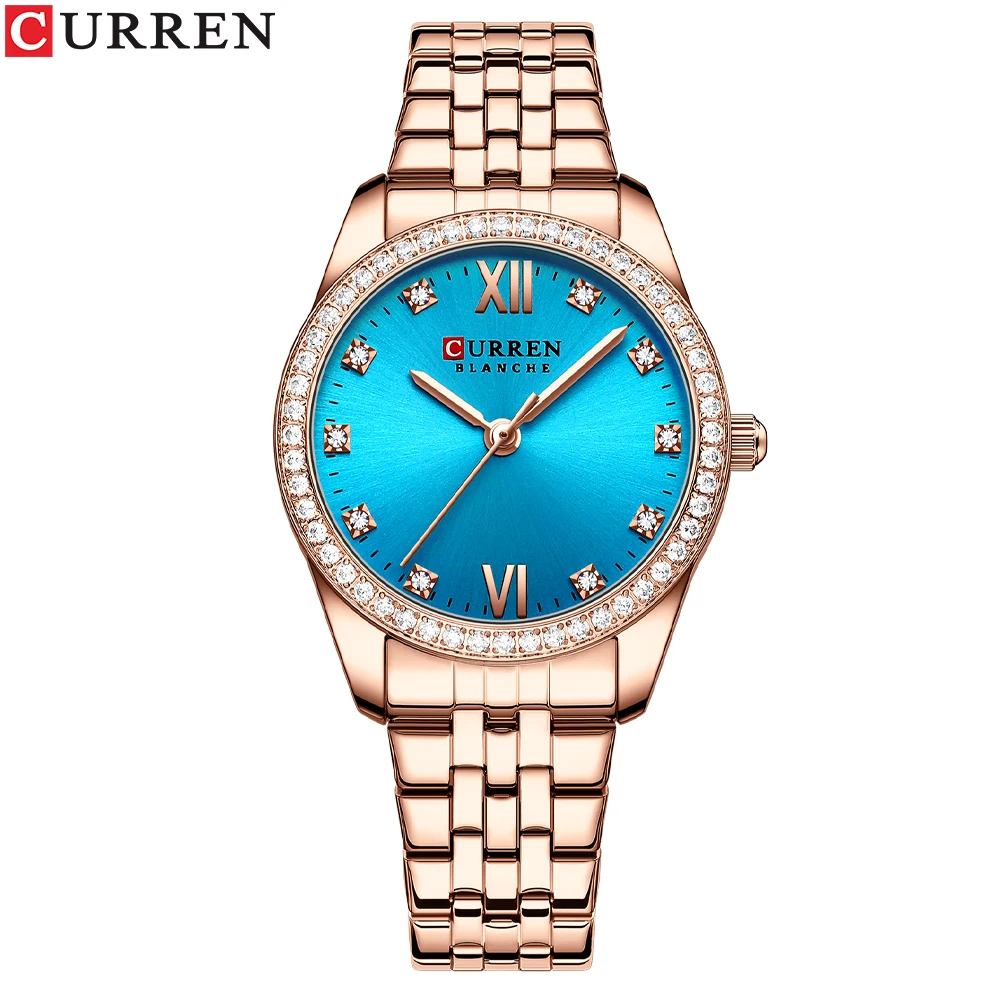 Curren klassische einfache Edelstahl Quarzuhren für Frauen Rose Zifferblatt mit Strass charmante Armbanduhren 5