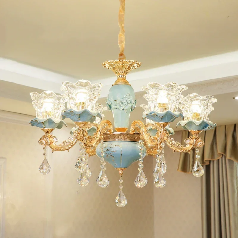 

European-Style Ceramic Retro Atmospheric Crystal Chandelier For Living Room Bedroom Model Room Villa Duplex Floor Chandelier