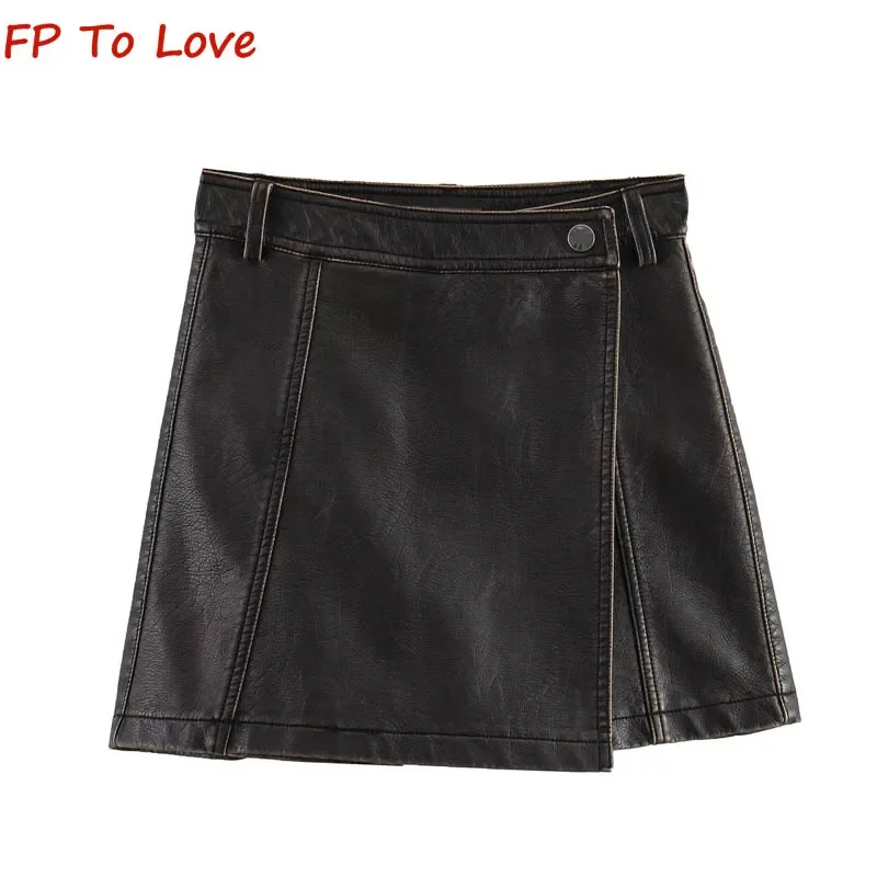 

Y2K High Waist Slim Leather Skirt Pants Autumn Winter Package Hip Skirt A-line Wide Leg Shorts PB&ZA WomanPU Skirt 2949230