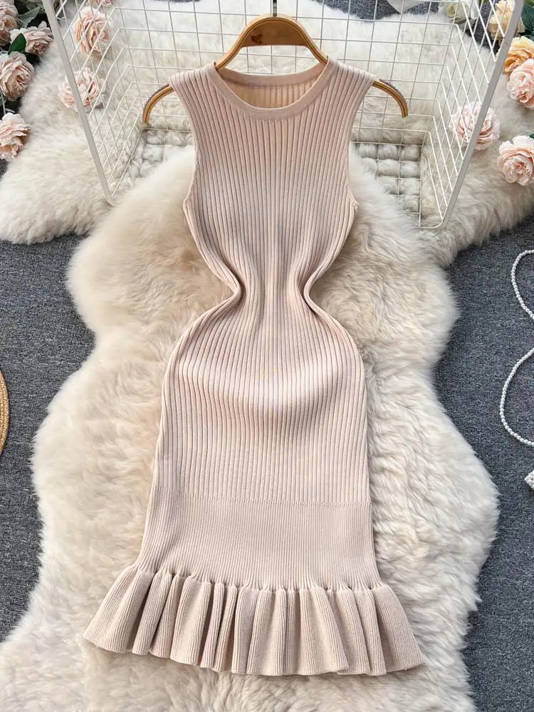 2024 Early Autumn Sexy Package Hips Ruffles Mini Dress Summer Fashion Y2K Knitted Bodycon Ladies Dress Korean Party Vestidos