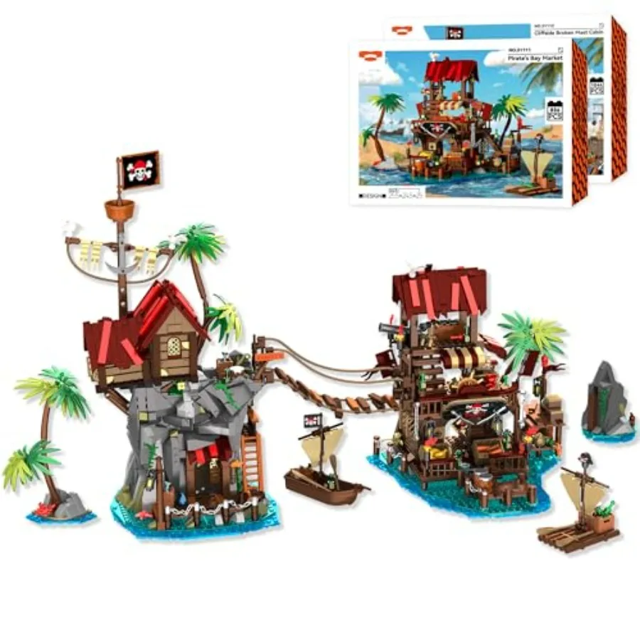 

Набор для сборки пиратского дома 2-в-1, 1900 деталей, Деревянные блоки «Пиратский причал» для взрослых и подростков, Модель «Синяя хижина»