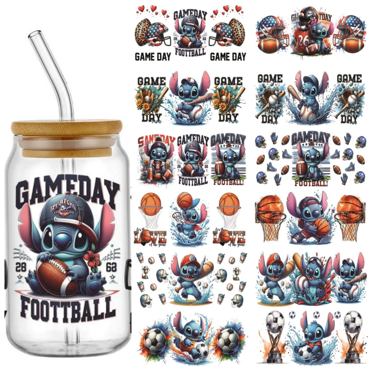 New Design Stitch Game Day Popular Transfer 3D Sticker Disney Decals for 16oz UV DTF Libbey Cup Mug Coffee Car Wrap Kids Gift