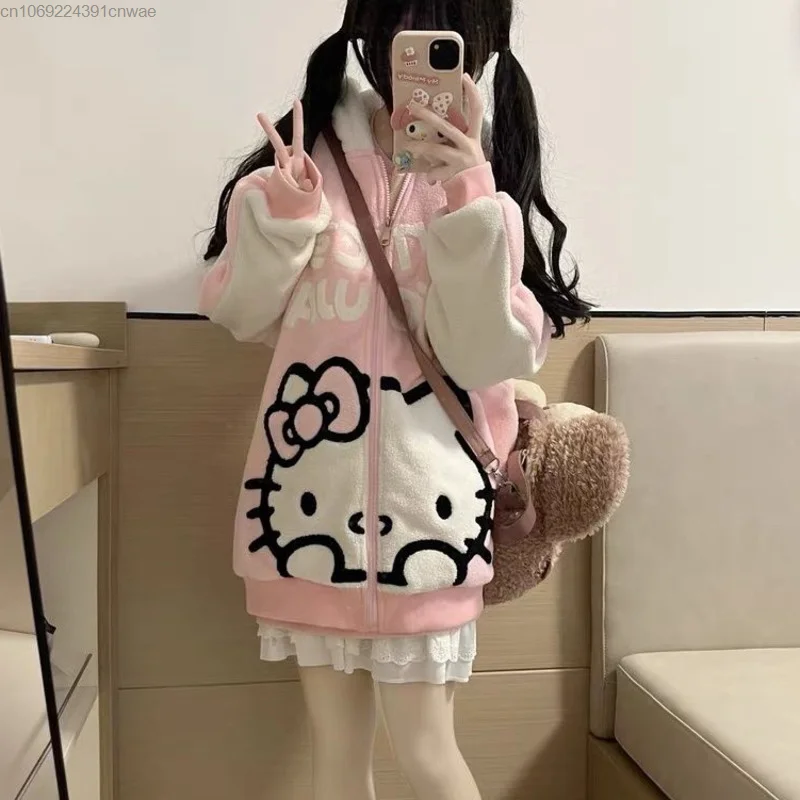 Sanrio Hello Kitty Embroidered Plush Zipper Coat Y2k Girls Winter Fall Black Hoodie Ladies Lolita Jk Uniform New Kawaii Pink Top