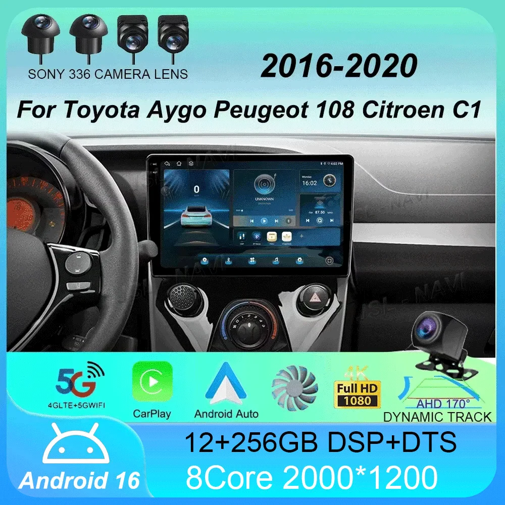 Android 16 Car Radio For Toyota Aygo Peugeot 108 Citroen C1 2016 - 2020 Auto Multimedia Player Stereo 4G WIFI Carplay 360 Camera