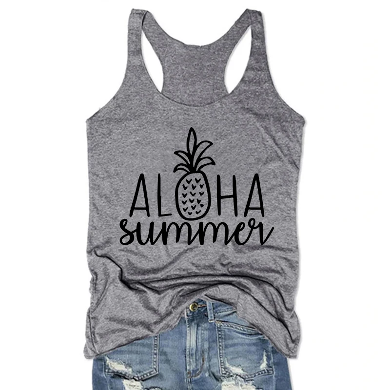 Aloha Summer Tank Top Women Aloha Pineapple White Top Summer Shirt Pineapple Women Clothing Vacation Women Tops L