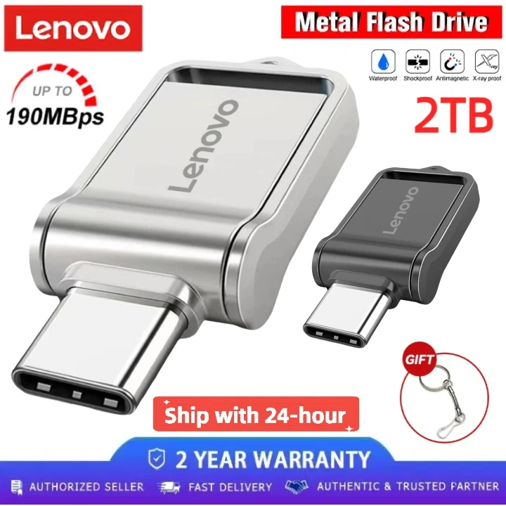 Lenovo-Clés USB 3.0 de type C, clé USB en métal haute vitesse, 1 To, clé USB portable 2 en 1, mémoire étanche, disque flash