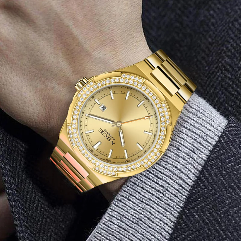 MIGE Herrenuhren, mechanische Automatikuhr, wasserdicht, Top-Marke, Diamant, luxuriös, leuchtender Kalender, Armbanduhr aus Edelstahl