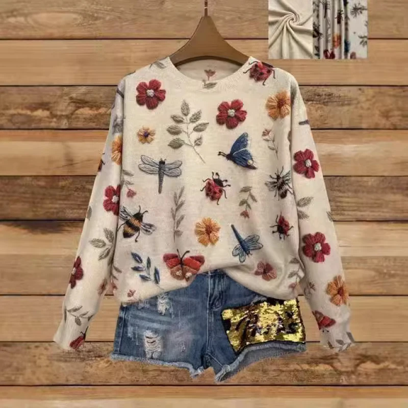 

Осенне-зимний свитер с цветочными и животными узорами, новый женский пуловер с 3D-принтом и длинными рукавами.