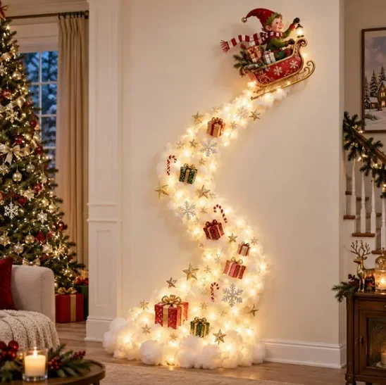 Weihnachtliche Magische Wandbeleuchtung - LED Leuchtende Weihnachtsszene Wanddekoration, Weihnachtsmann-Schlitten Rentier Hängedekoration für Partys – Detail 9