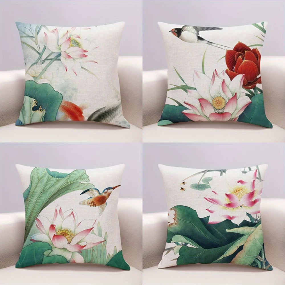 4pcs Oriental Floral Throw Pillow Covers, Gongbi Painting Lotus & Kingfisher Print Cushion Cases, Calming Zen Aesthetic Decor