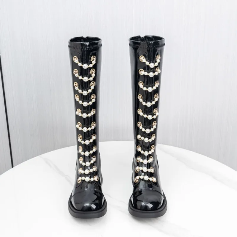 Pearl Chain Decoration Round Toe Knee High Boots New 3cm Back Zipper Flat Bottomed Patent Leather Women's Winter PU Boots 35-43