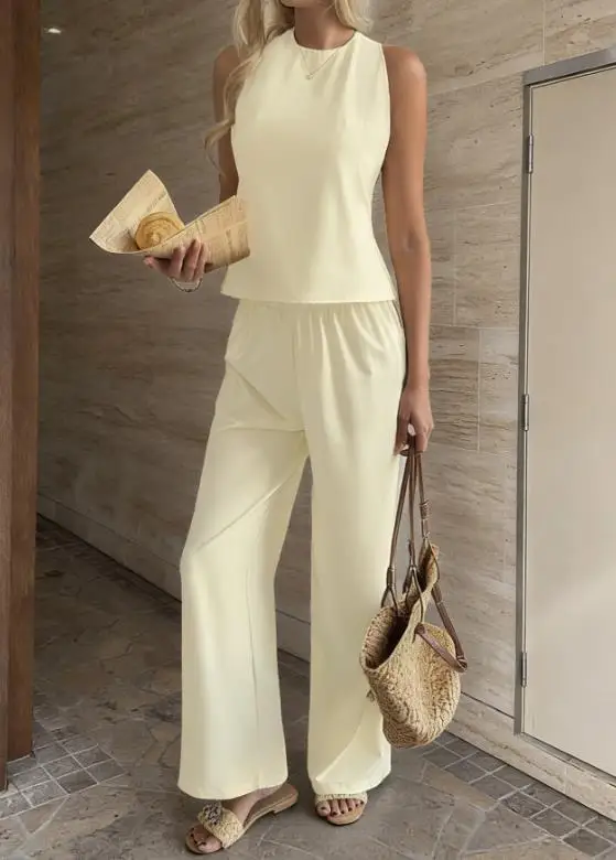 

Women's Set Summer Fashion New Color Simple Vacation Sexy Backless Hanging Neck Top High Waist Straight Leg Pants Long Pants Set