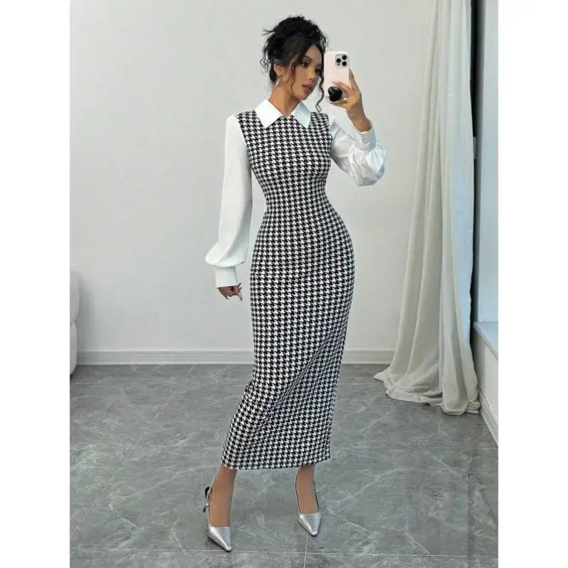 

Y 7332 Ele Long Plaid Bubble Sve irt New Sle Autumn Seven Sve Slim Fit Cross Border Patterned Casual Sportswear