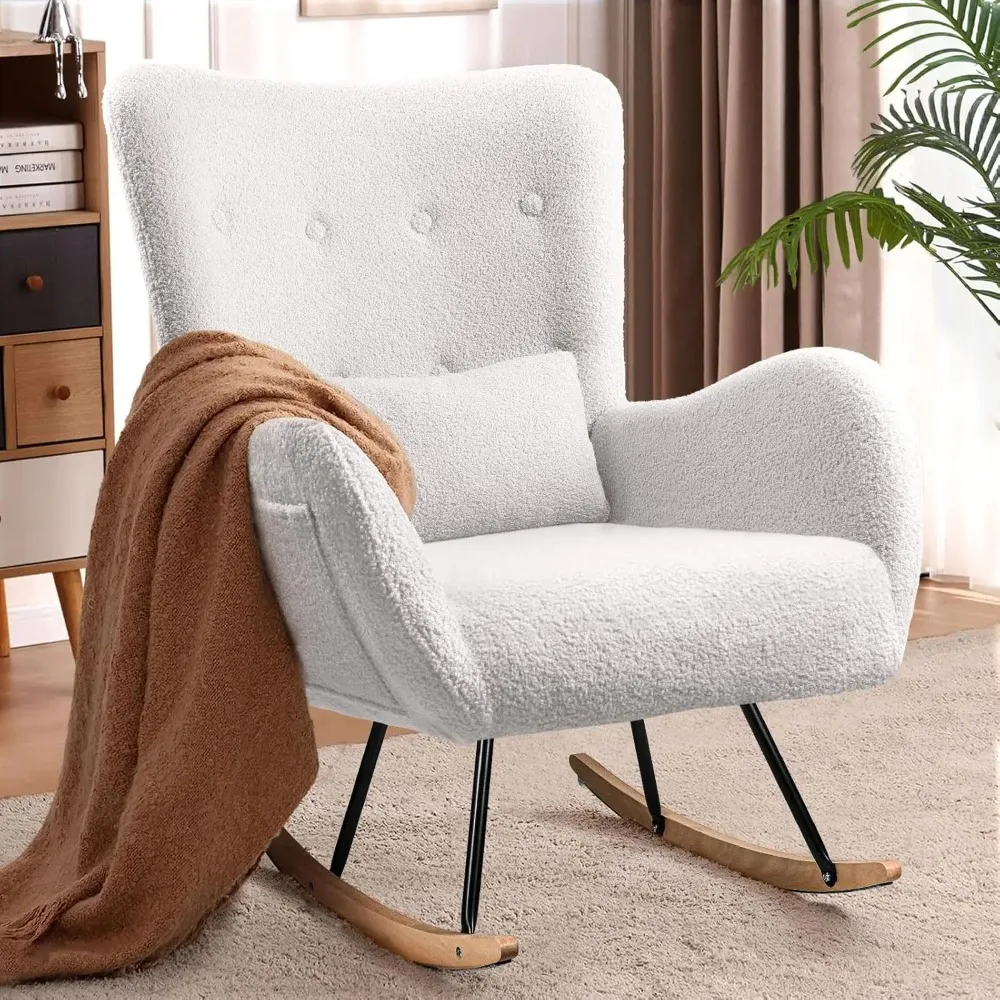 

Teddy Upholstered Rocking Chair, Indoor Glider with High Backrest, Padded Seat Nursing Chair for Bedroom (Ivory)
