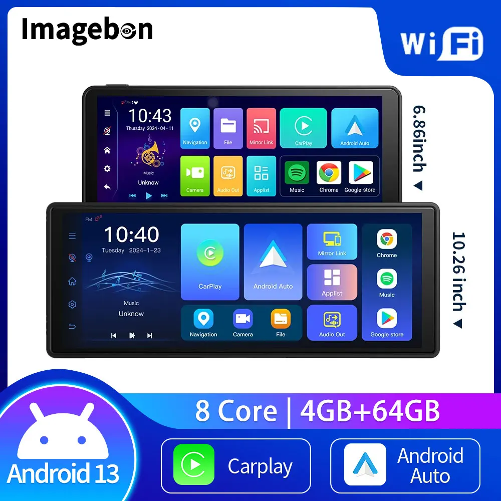 Imagebon Android 13 Dash Cam Wireless CarPlay & Android Auto Car DVR GPS Navigation Bluetooth AUX Rearview Mirror Video Recorder