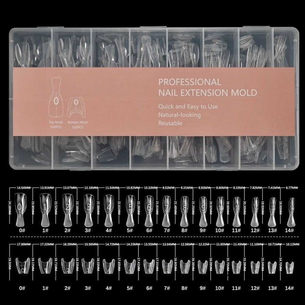 240pcs New Mixed Size False Nail Square Top Bottom Mold Sandwich Nail Forms Transparent Short Oval Nail Mold Nail Art