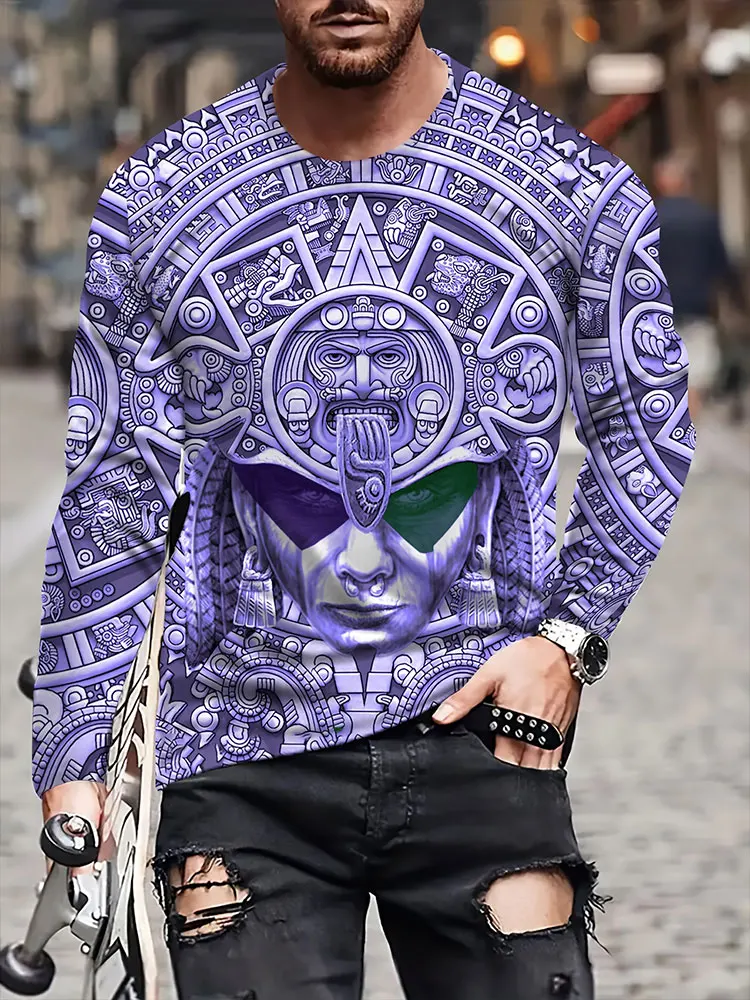 Men's Aztec Warrior Long Sleeve T-Shirt Totem Mask Graphic Tee Tribal Streetwear Casual Pullover Tops Gift New Fashion Hot view 2
