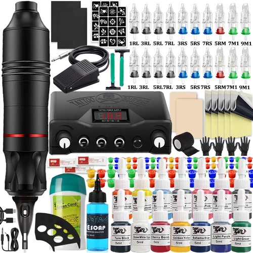 Kit completo de máquina de tatuaje de cartucho, máquina rotativa de CC con agujas de cartucho, fuente de alimentación, tintas para principiantes de tatuaje