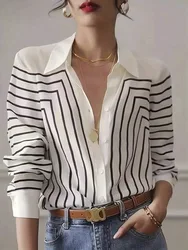 Casual Striped Print V Neck Shirts Women Long Sleeve Oversized Office Lady Shirts Fashion 2024 Summer Autumn Blouses Top