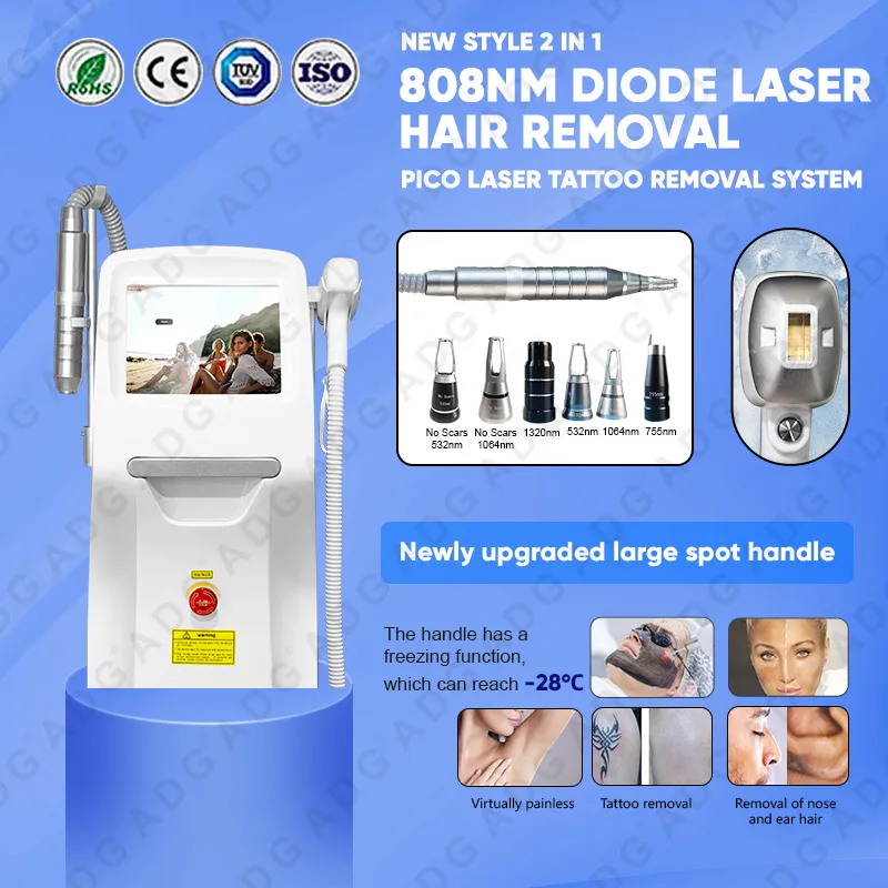 New! 2 in 1 Diode Laser 808nm 755 1064 and Q-Switched Pico Laser Tattoo Removal Hair Remove Machine equipped Nose Hair Gadget