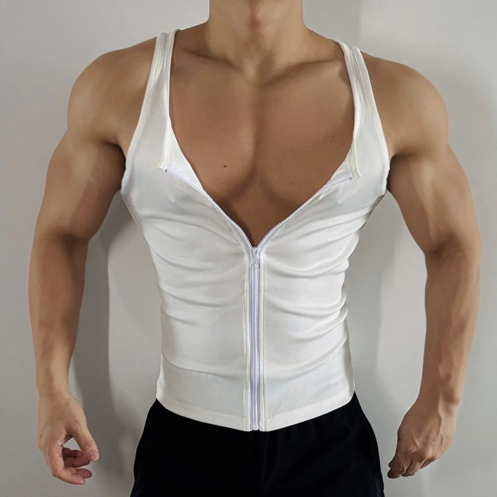 Men’s Zip Front  Tank Top, Sleeveless Bodybuilding Shirt, Muscle Fit Gym Wear Sexy Casual Fashion