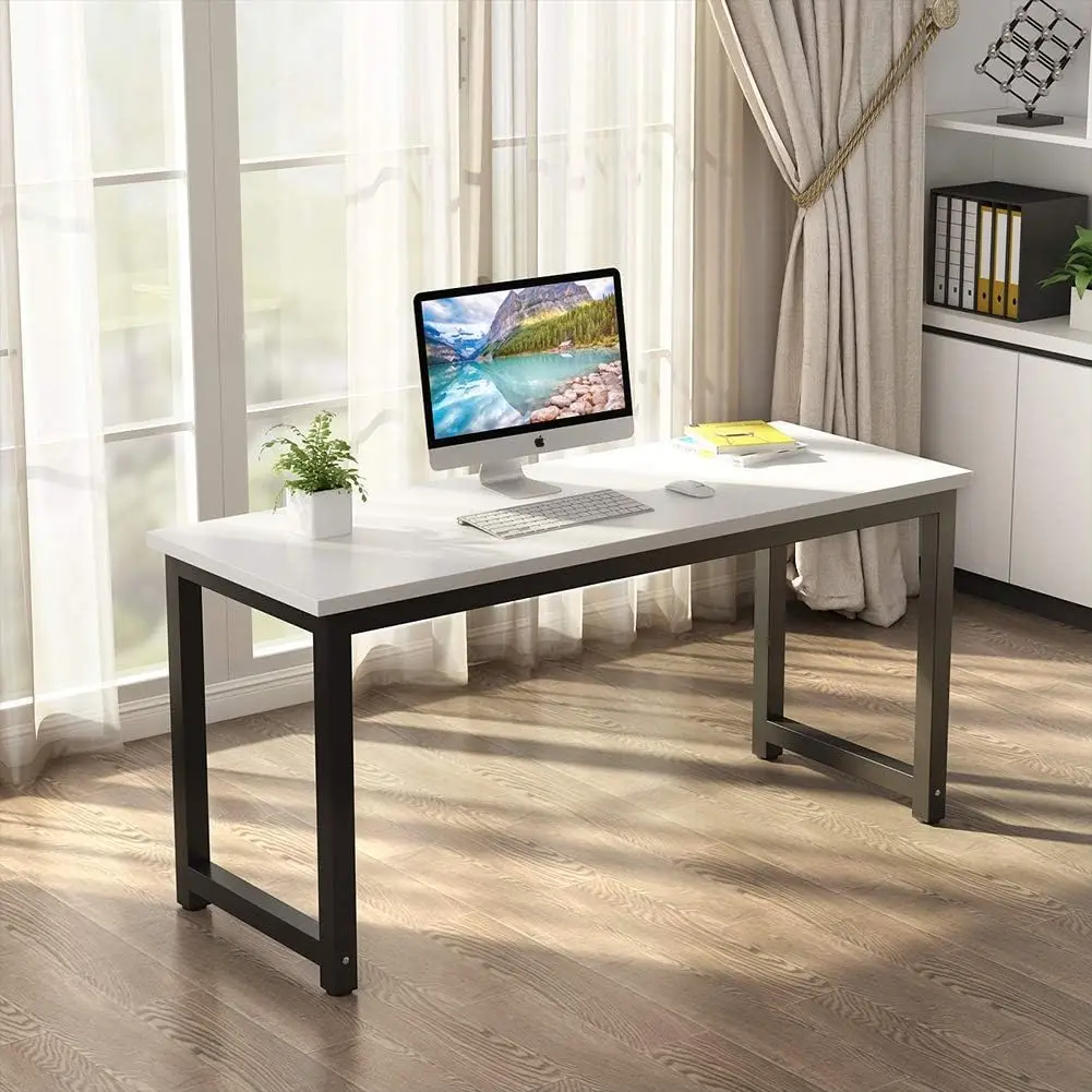 

Computer Desk, 55 inch Large Office Desk Computer Table Study Writing Desk for Home Office, White + Black Leg