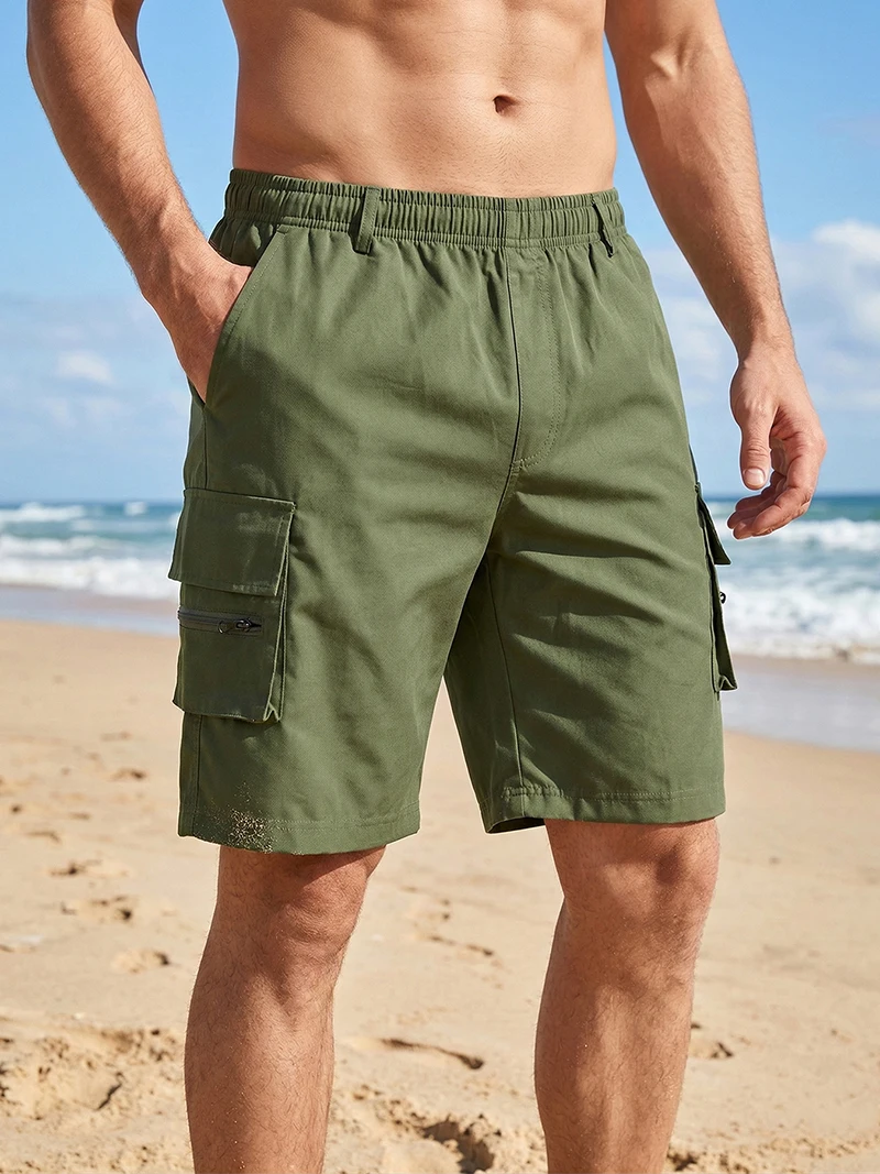 Men's Solid Color Beach Shorts with Multi Pockets Summer Quick Dry Board Shorts Swim Trunks Swimsuit Swimwear Bathing Suit