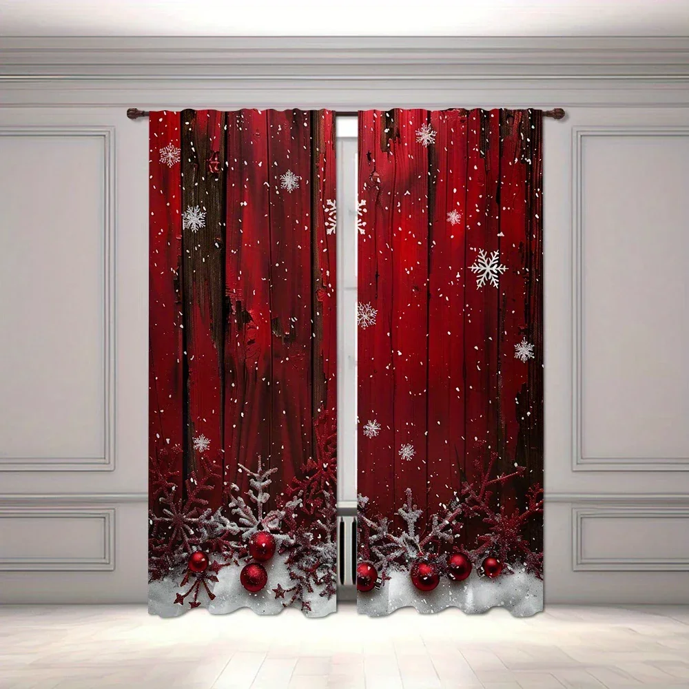Red Christmas snowflake and pine branch design - printed curtains, home decoration, room decoration