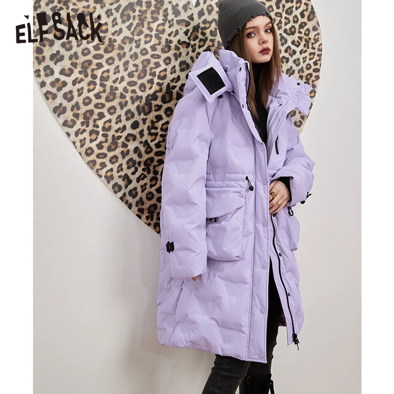 ELFSACK – manteau chaud violet pour femme, vêtement mi-long décontracté avec impression lumineuse, collection hiver 2022