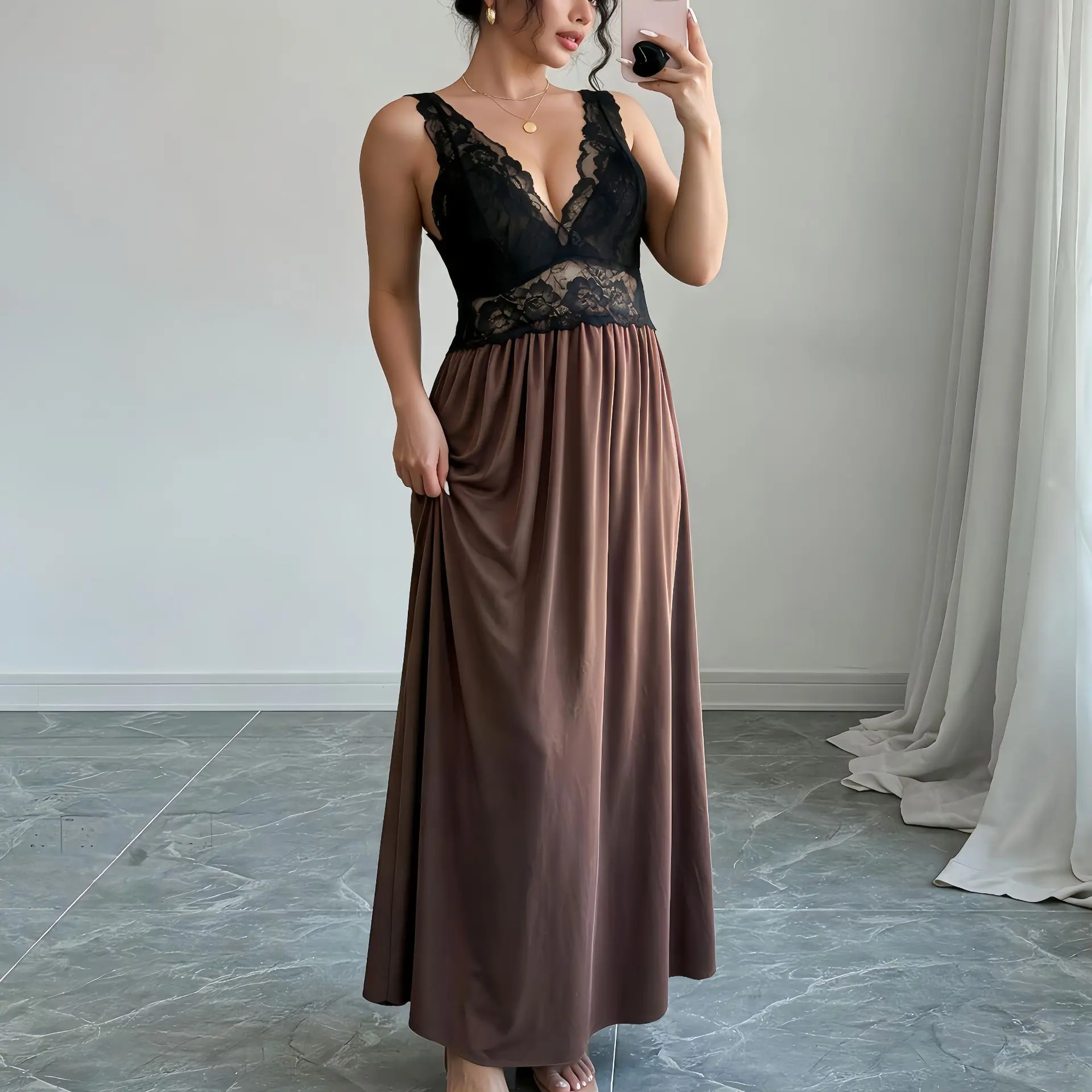 Sexy Camisole Women's Lingerie Nightgown Long Lace Patchwork Backless Dress Fashion Leisure Breathable French Long Skirt