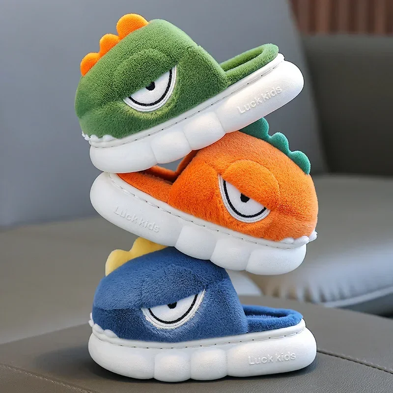 Cute Cartoon Dinosaur Children Plush Slippers Kids Lovely Non Slip Indoor Round Toe Fashion Soft Thick Sole Shoes Sewing Thread