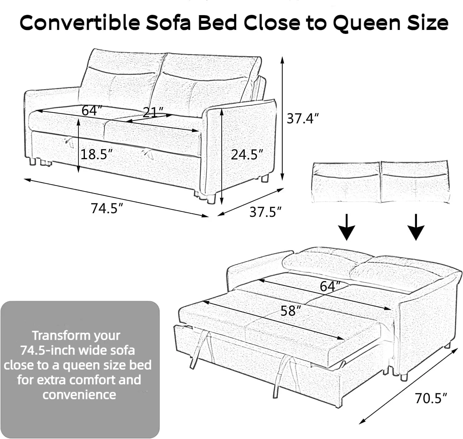 Sleeper Sofa Bed, Comfortable Pull-Out Futon Loveseat, Full Love Seat for RV Small Spaces, Hide-A-Bed Fold Out Couch - Grey