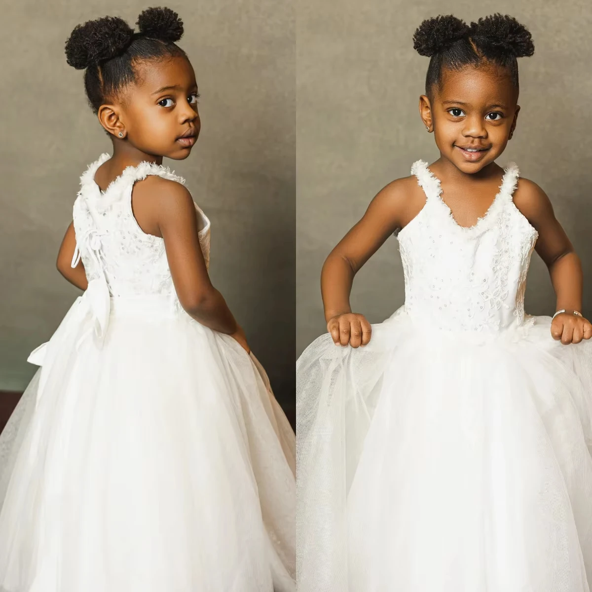 

White Princess Flower Girl Dresses For Wedding With Bow Appliques Floor Length Kids Baby Girls First Communion Gowns ﻿