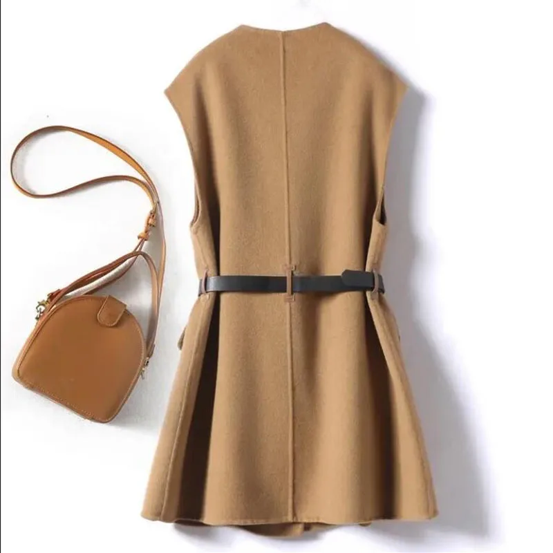 

Fashion Woolen Vest Women New Autumn Winter Waistcoat Jacket Casual Sleeveless Woolen Coat Female Outerwear Tops With Belt