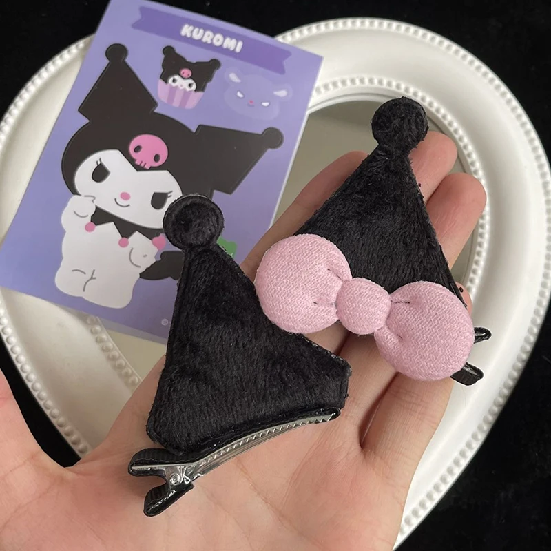 2Pcs Sanrio Kuromi Kawaii Cute Pair Of Clips Cartoon Girl Heart Sweet Cool Bow Side Clip Standing Ear Top Clip Hair Accessories