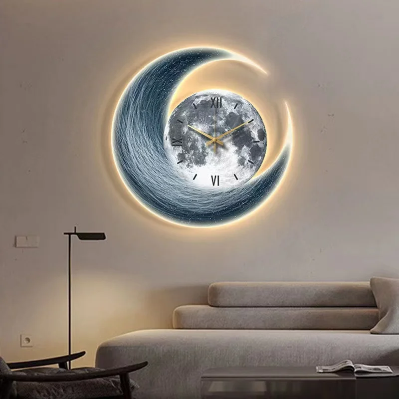 Creative Led Moon Clock Light Luxury Luminous Living Room Decorative Painting Restaurant Wall Art Home Decoration