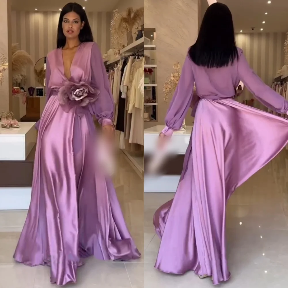 

Customized Exquisite Formal Charmeuse Flower Pleat A-line V-neck Long Dresses Bespoke Occasion Fashion