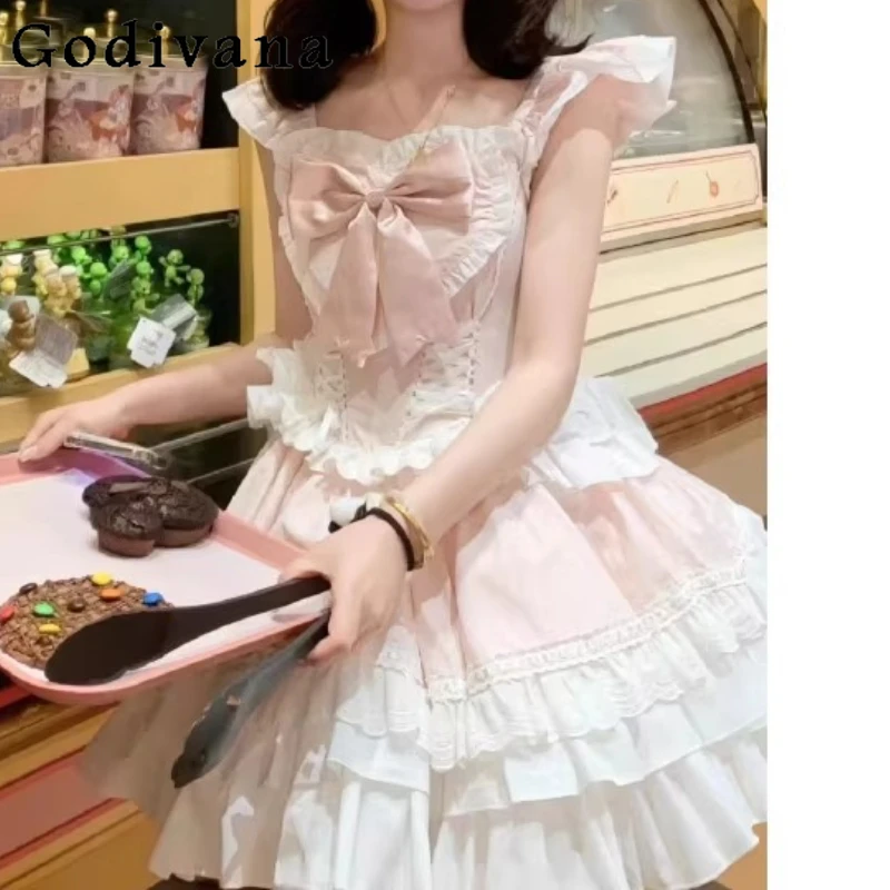 

Elegant Lolita Pink Square Collar Summer Jsk Birthday Japanese Suspender Dress Cute Girl High Waist A-lien Cake Princess Dresses
