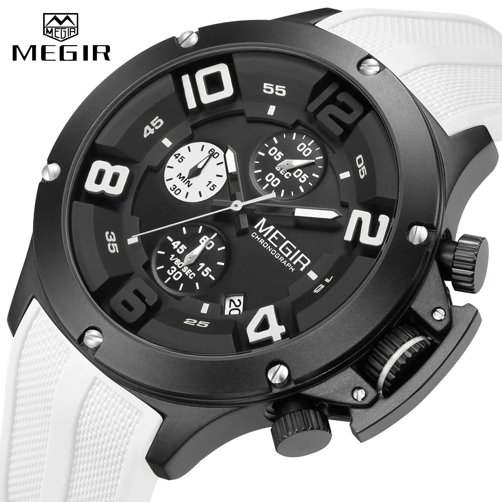 

MEGIR Big Dial Sport Quartz Watch for Men Fashion Waterproof Chronograph Wristwatch Male with Date Silicone Strap Luminous Hands