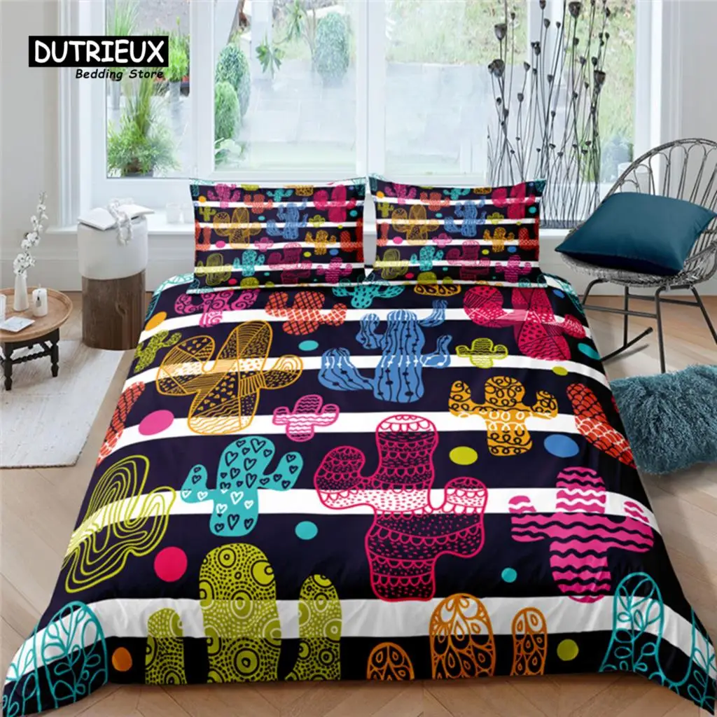 Home Living Luxury Color Cactus Print 2/3Pcs Duvet Cover Set Pillowcase Queen Size and King Size Kid Bedding Set EU/US/AU Size