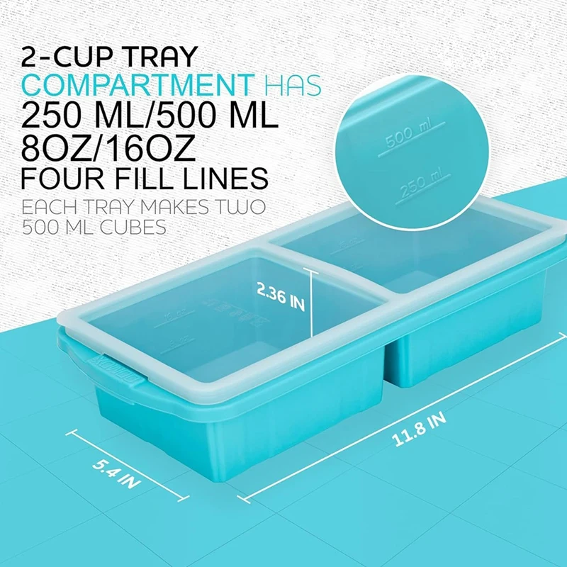 ABXF-صينية تجميد السيليكون مع غطاء - صينية كبيرة كوبين للحساء والتجميد والطخير والصلصات - آمنة للفرن وغسالة الأطباق